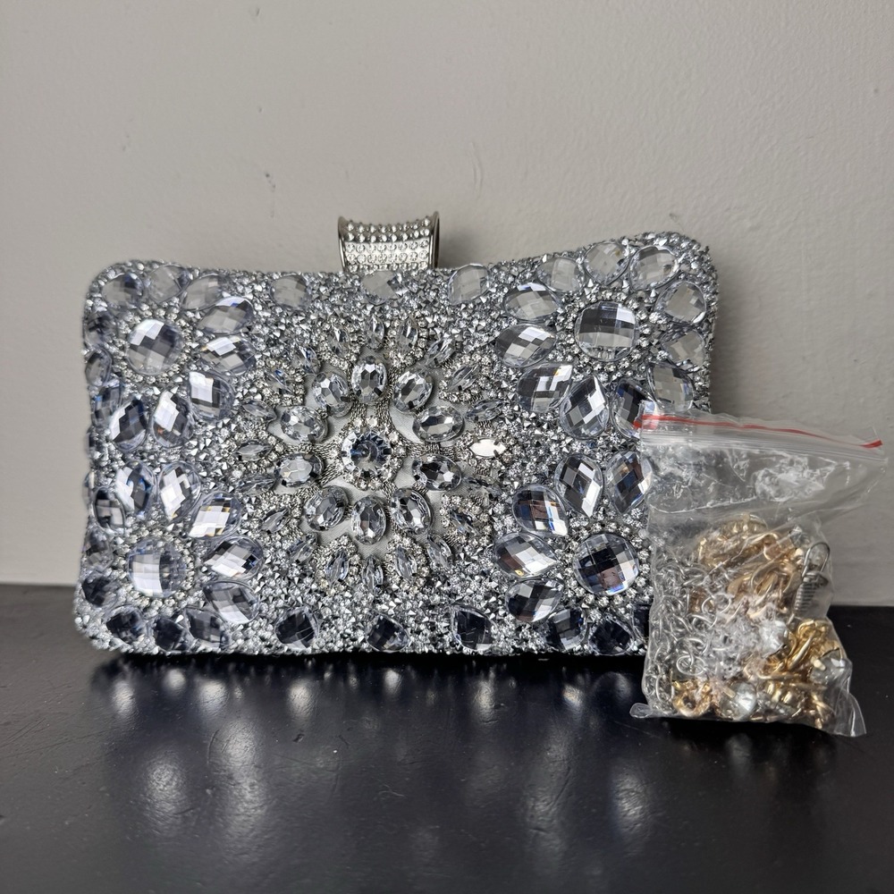 NWT Silver Rhinestone Crystal Evening Clutch Purse Wedding Prom Bridal Chain Bag